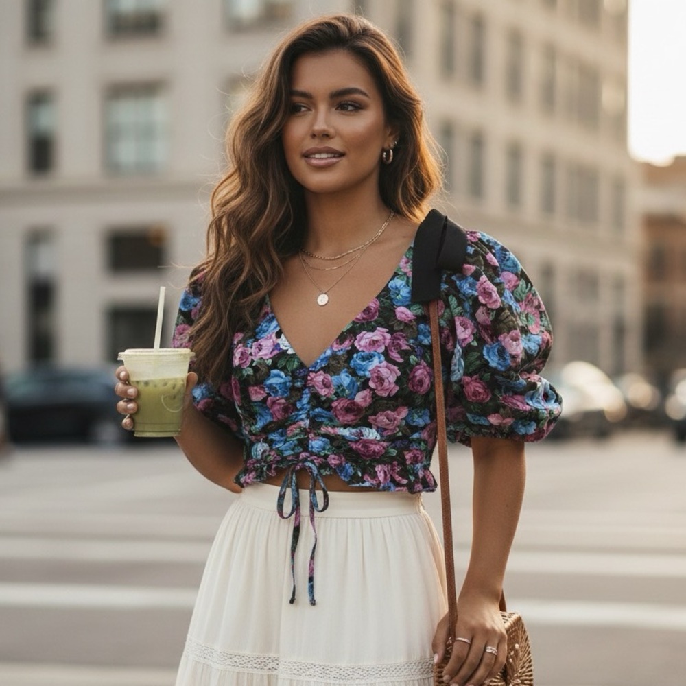 for love and lemons maggie floral puff sleeves crop top